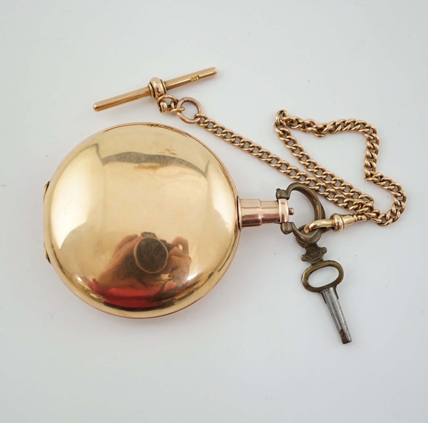 A George III 18ct gold hunter pocket watch by Abraham Samuel, together with a 15ct gold albert and base metal key